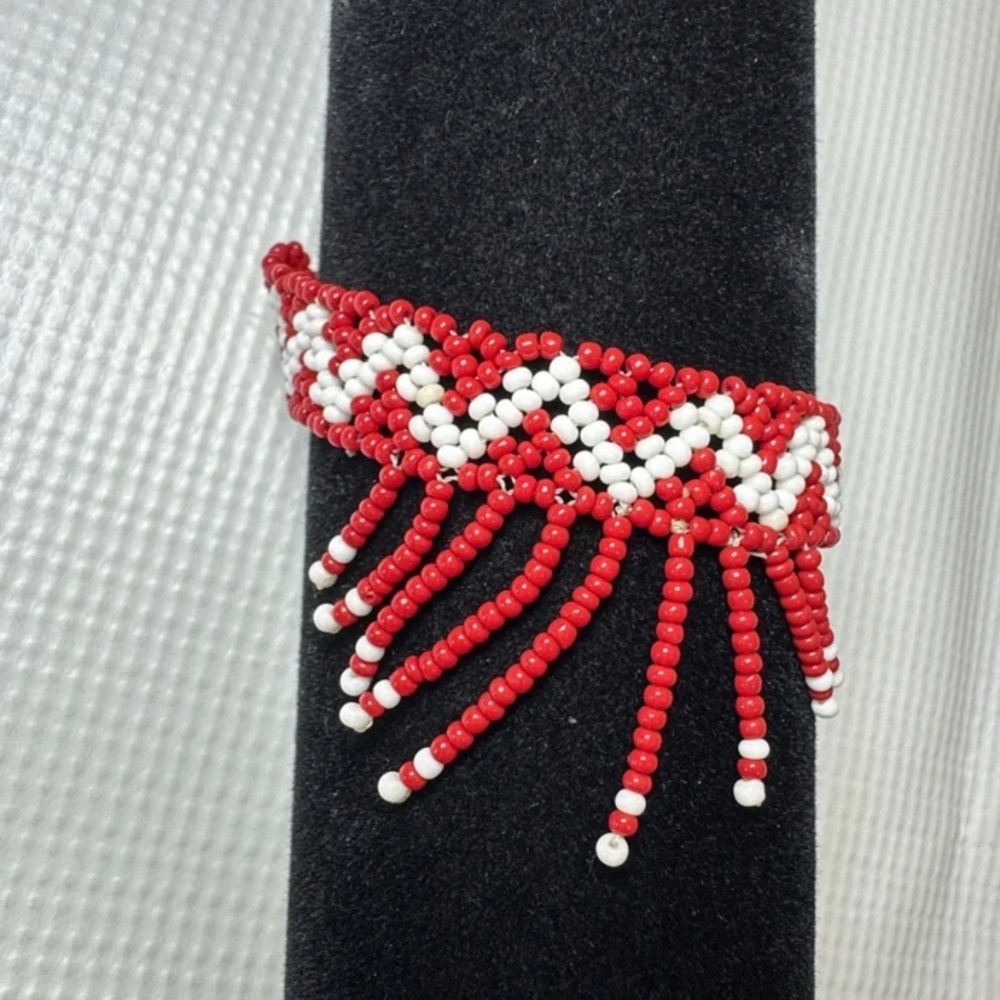 Red and White Beaded Fringe Bracelet